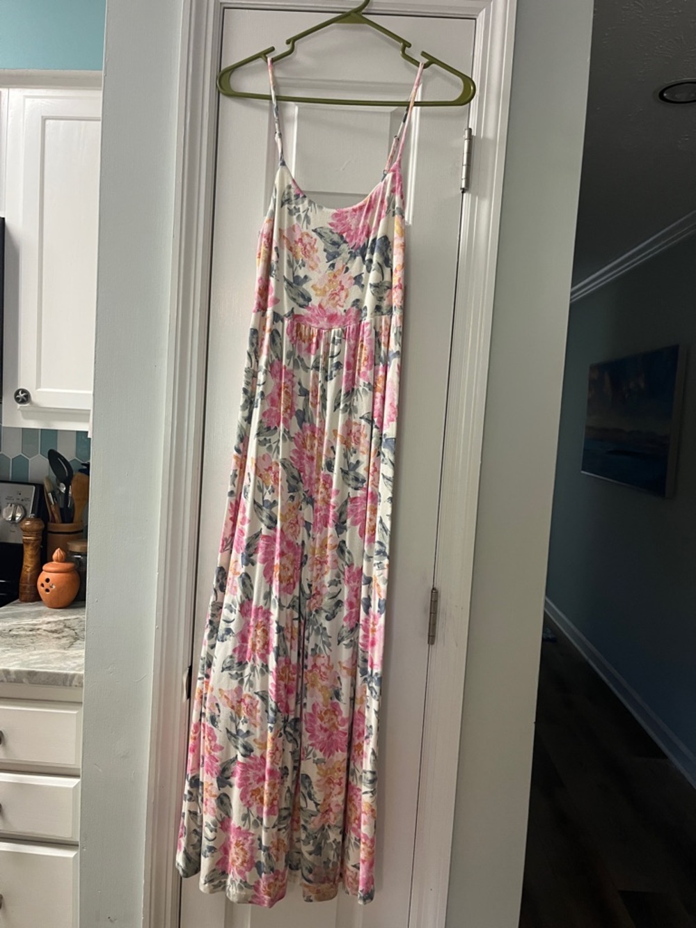 Z Supply Floral Maxi Slip Dress in Cream with Pink and Green